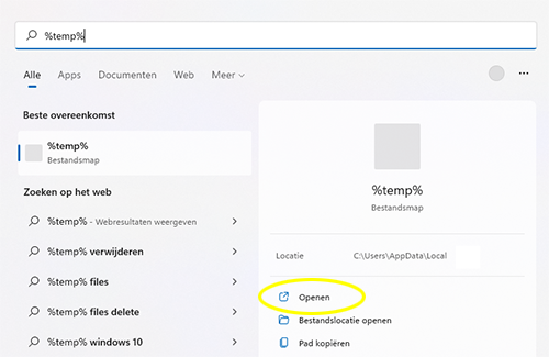 windows temp map openen